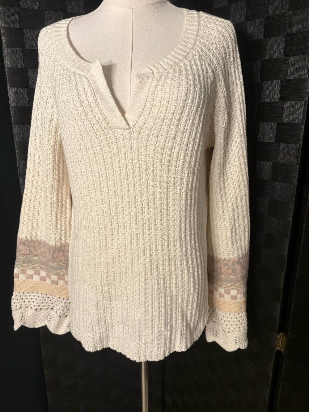 Mystree Boho Cotton Ivory Ribbed Henley Sweater Crochet Flare Sleeves